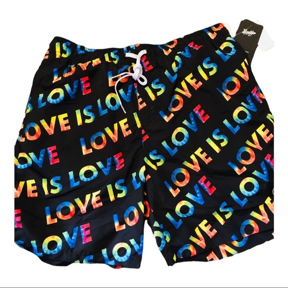 Black rainbow‎ printed ‘love is love’ men swim trunks New size large - Picture 1 of 6
